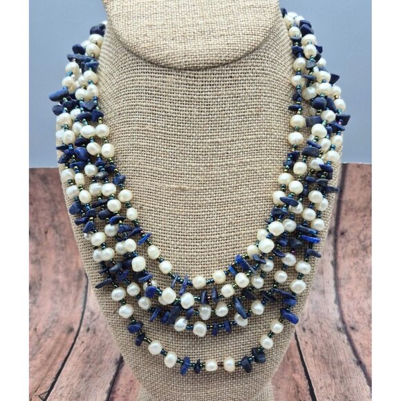GCM Gerald C. Miller Faux Pearl Blue Chip Stone Multi Strand Collar Necklace 21" - Picture 6 of 9